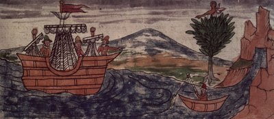 Fol.197v Een Indiase spion observeert de aankomst van een Spaans schip aan de Mexicaanse kust, 1579 door Diego Duran